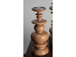 Medium Sculpted Blonde Wood Pillar Candle Holder