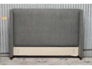 Yale Upholstered Queen Headboard in Charcoal Gray with Pewter Nailhead Trim
